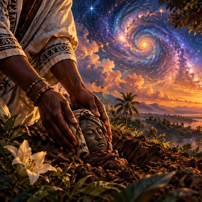 Hands tending a carved mask in the earth beneath an expansive star-filled sky, with a golden river and glowing fire bowls.