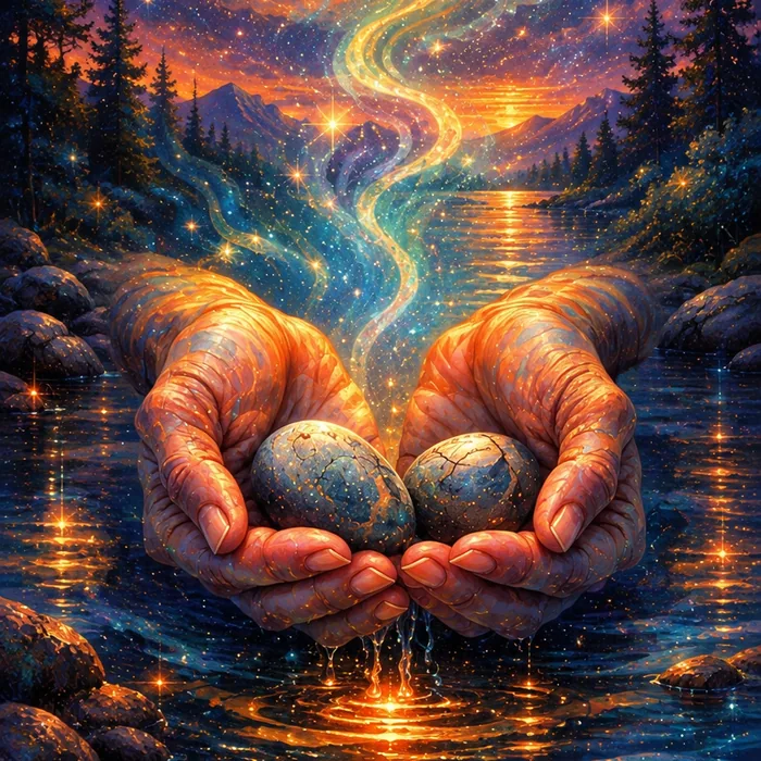 Cupped hands holding river stones beneath a cosmic sky, with still water and forest at golden hour.