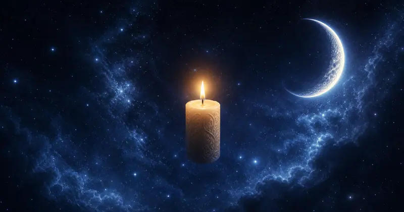 A single lit candle under a crescent moon