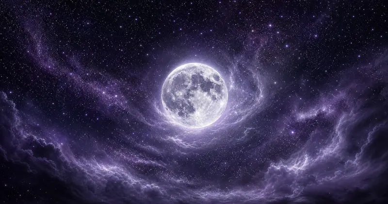 A full moon among purple clouds and stars