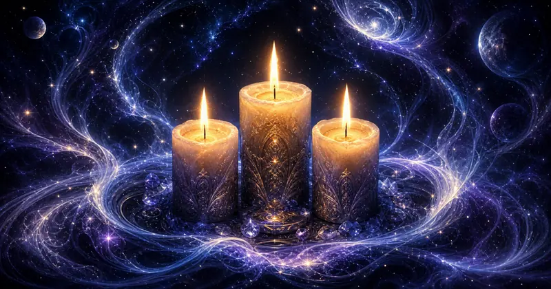 Three lit candles glowing in a swirl of stars