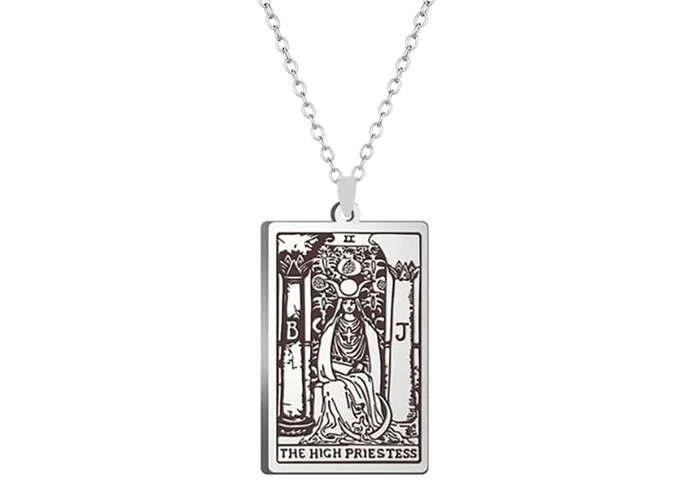 Eight stainless steel tarot card pendants on fine chains, laid out in two rows.