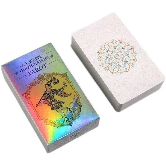 Holographic Waite tarot deck photographed with the cards spread out.