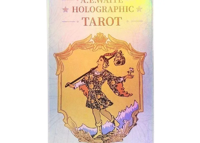 The box for a holographic A.E. Waite tarot deck, The Fool printed on the front in gold.