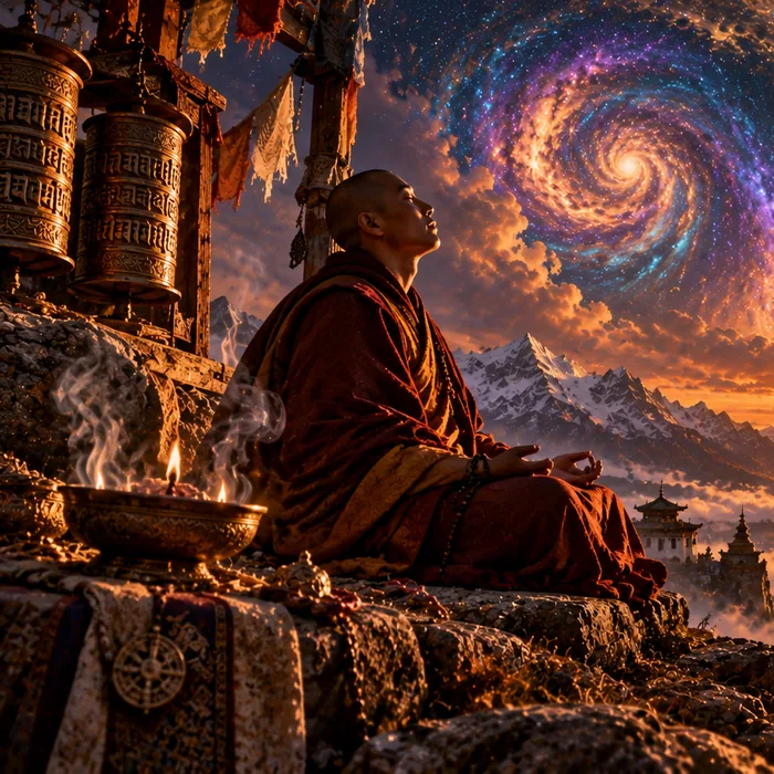 A monk sitting still on a cliff edge above a cloud-filled valley, prayer wheels and butter lamps beside him under a vast spiral sky.