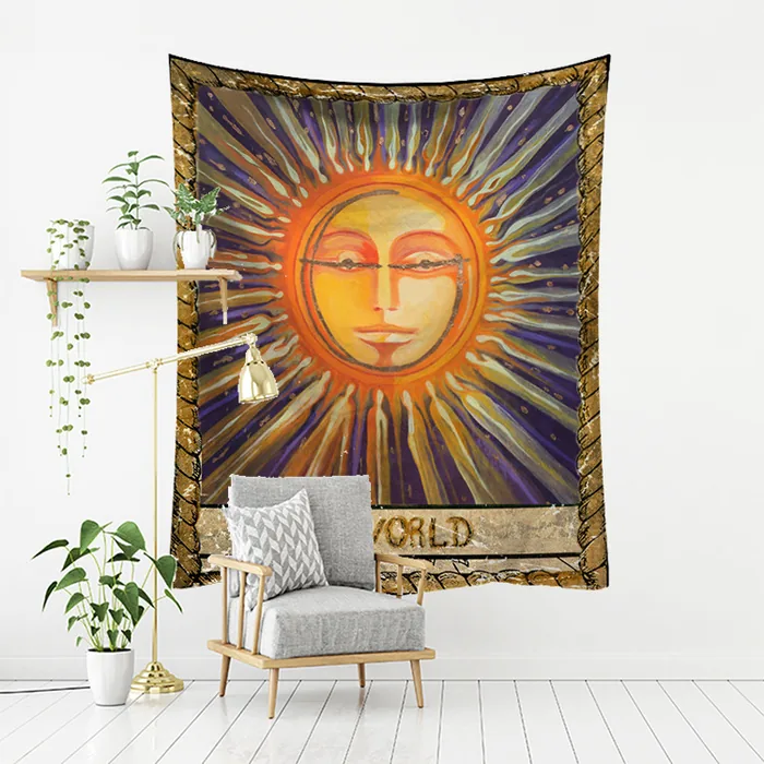A golden sun tapestry with violet rays, hung behind a chair.