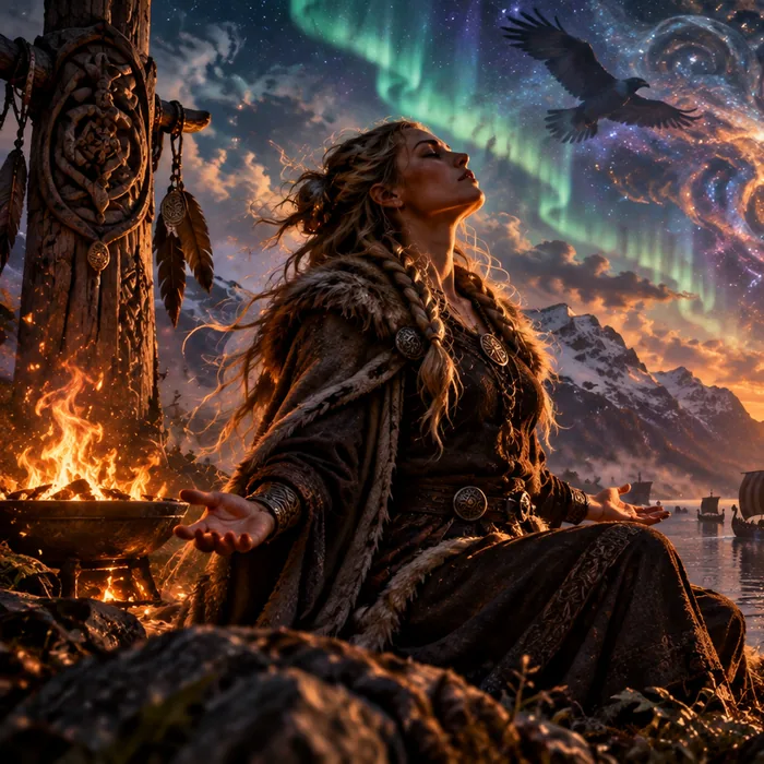 A woman in furs sits open-handed by a fire on a Nordic fjord at sunset, aurora overhead and a watching face in the sky.