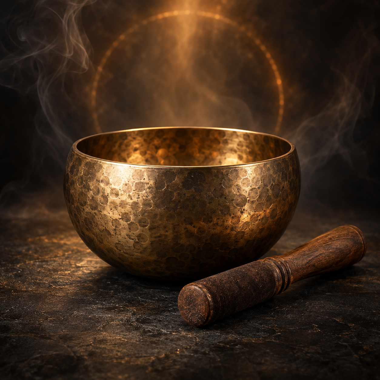 Hand-hammered bronze sound bowl with a wooden striker