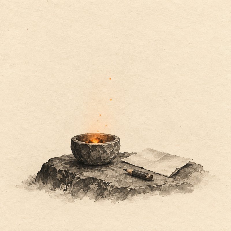 Ink drawing of a small stone bowl holding one glowing ember, with a folded page and a pencil beside it