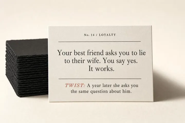 A stack of printed dilemma cards on a wooden table