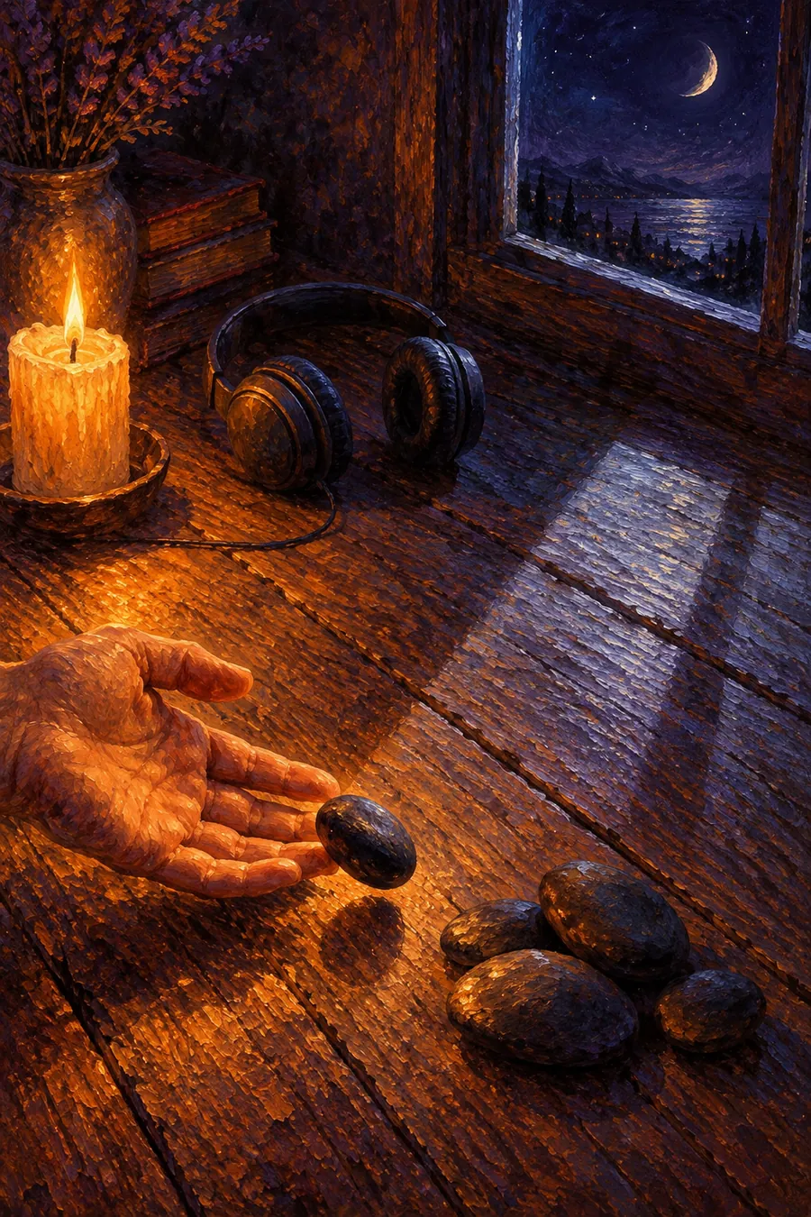 Painting of a hand setting a smooth stone on a wooden floor, headphones and a lit candle nearby, a crescent moon in the window