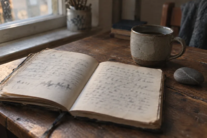 An open notebook, a mug and a smooth grey stone on a wooden table
