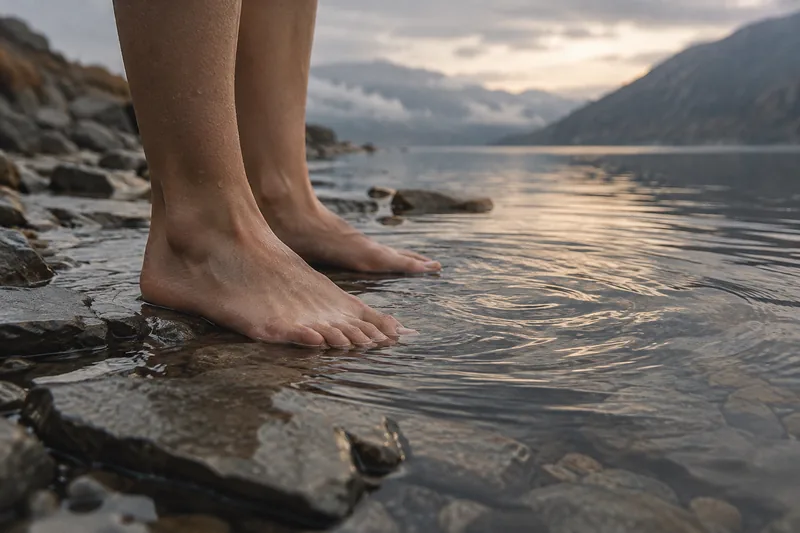 Bare feet standing on cold flat stones at the edge of a lake