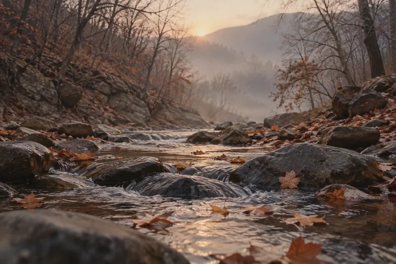 A shallow autumn creek over smooth rocks in a mountain hollow at dawn