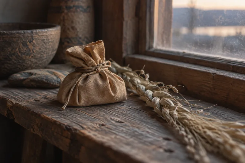 A small buckskin bundle beside a braid of dried grass on weathered wood