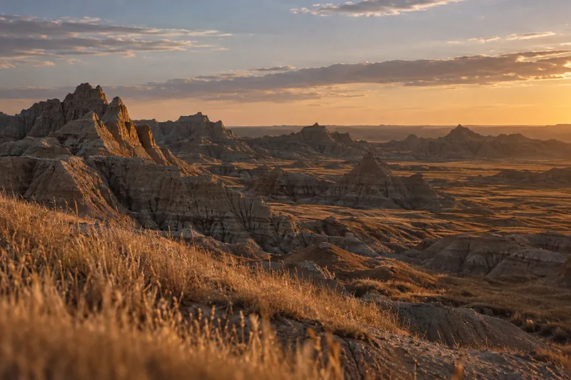 Badlands rock formations in South Dakota at golden hour