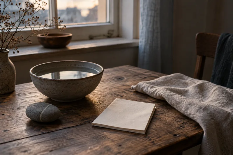 A small table set with a bowl of water, a grey stone and a folded page