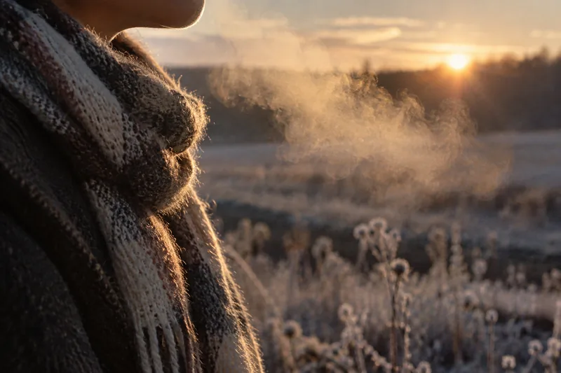 A visible breath in cold morning air in front of a frosty field