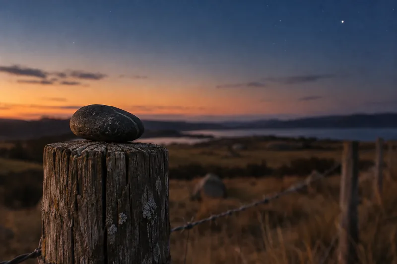 A smooth dark stone on a weathered fence post under the first stars