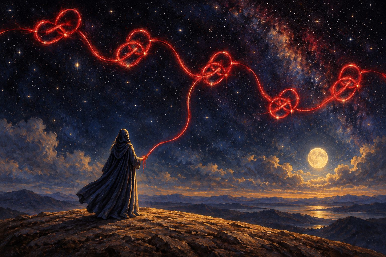 A cloaked woman on a hilltop at night holding a glowing red thread that knots its way across the stars