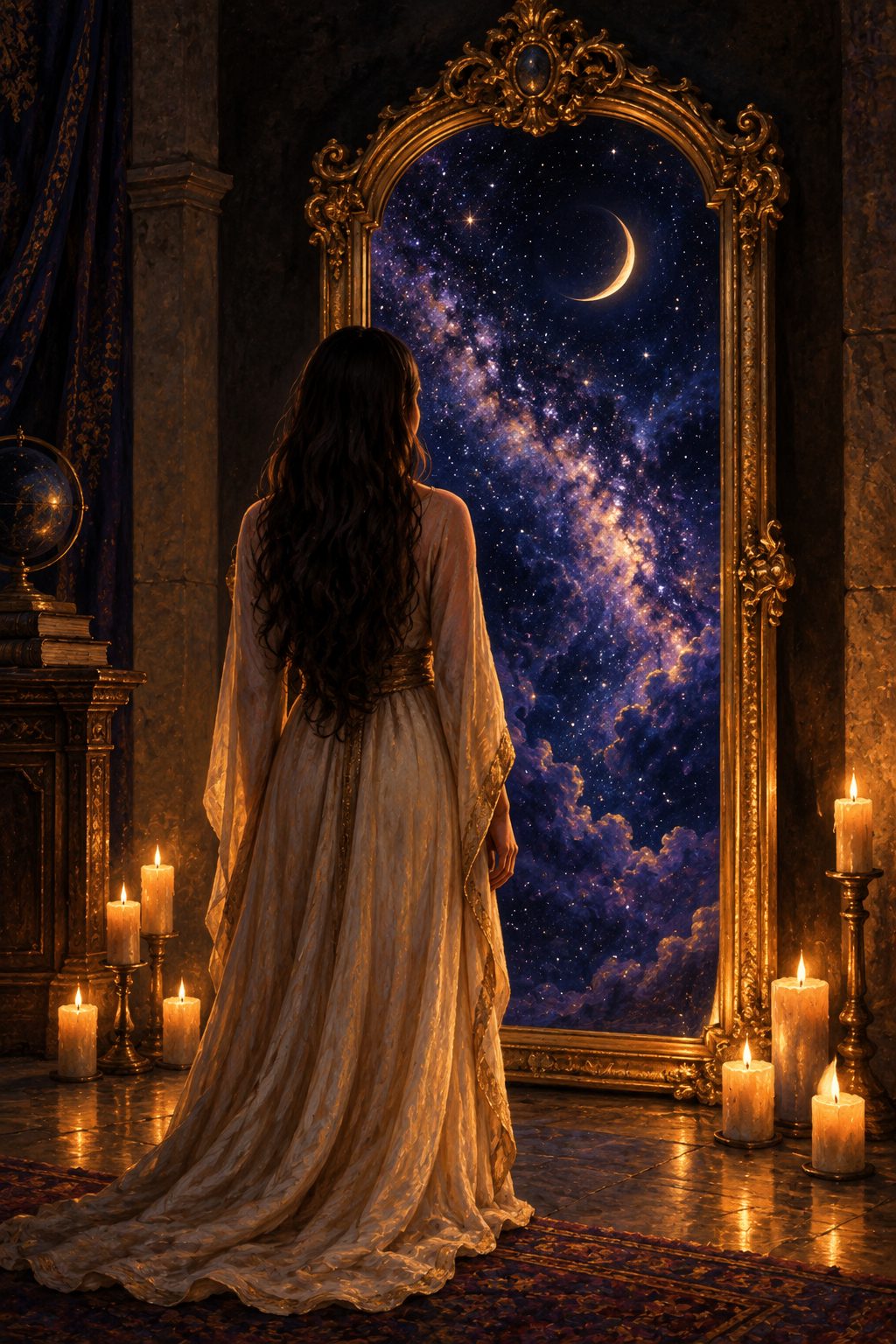 A woman in a long gown seen from behind, facing a golden mirror that holds a night sky