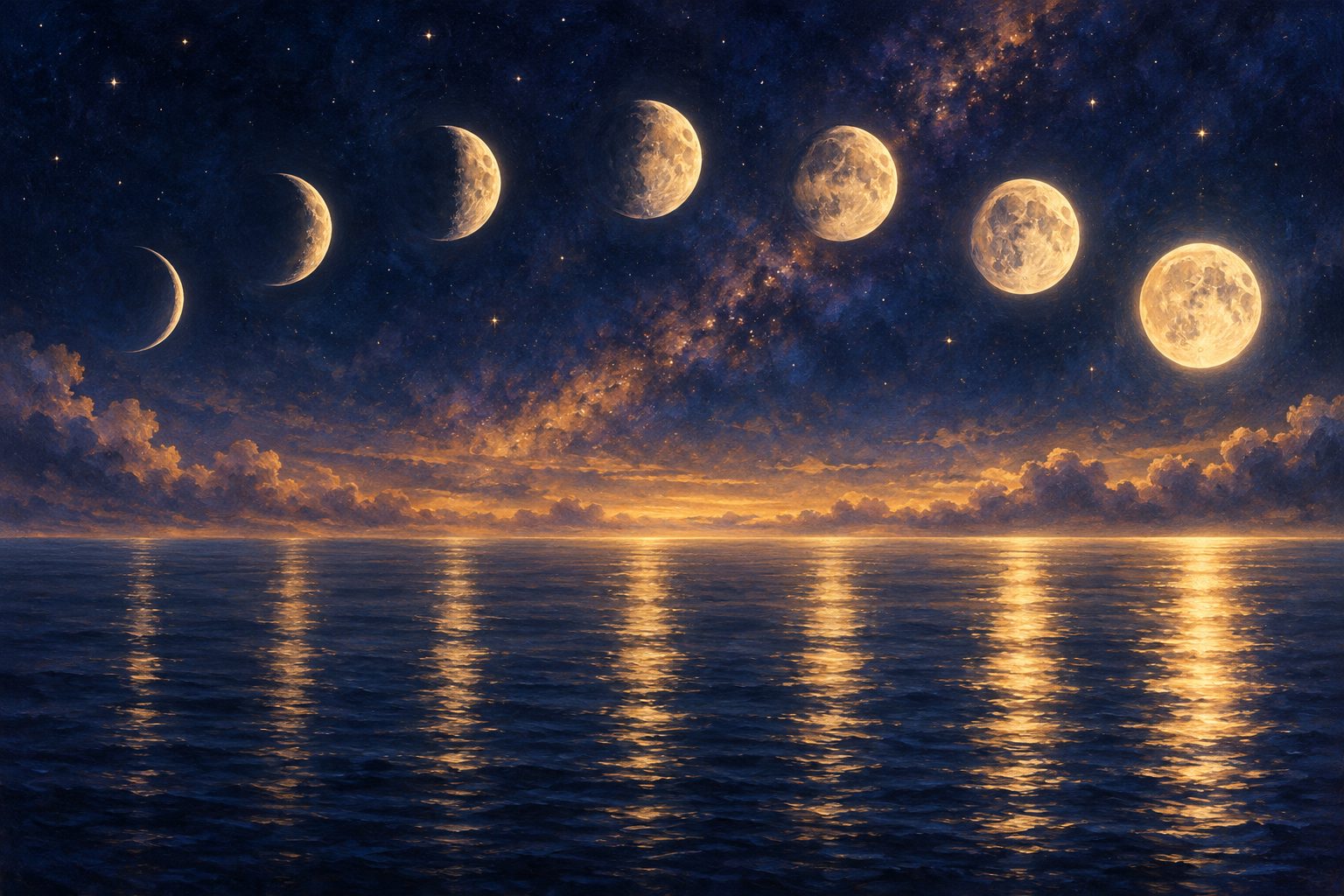 Seven phases of the moon rising over a calm sea