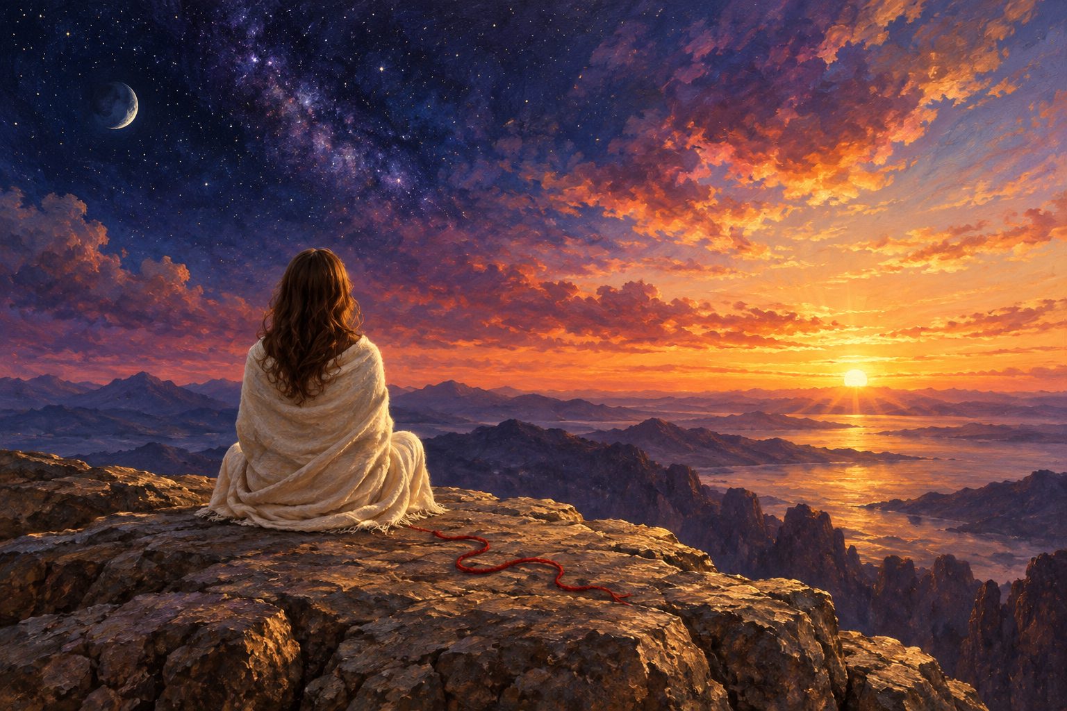A woman wrapped in a shawl sits on a cliff at sunrise, a loose red thread lying on the rock beside her