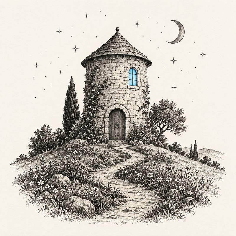 Ink drawing of a small stone tower on a flowered hill at night with one lit window