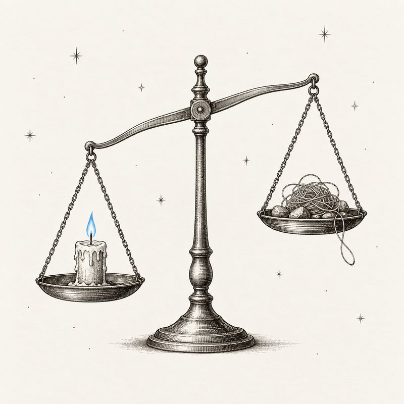 Ink drawing of a balance scale with a lit candle outweighing a tangle of thread and stones