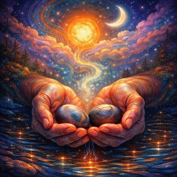 Two open hands holding smooth stones over water under a night sky