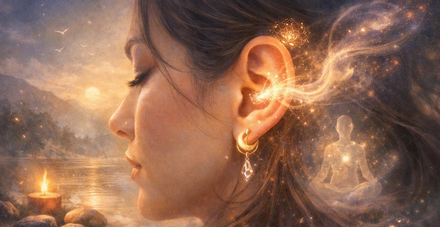 A woman with her eyes closed, candlelight and stars behind her, listening to the ritual